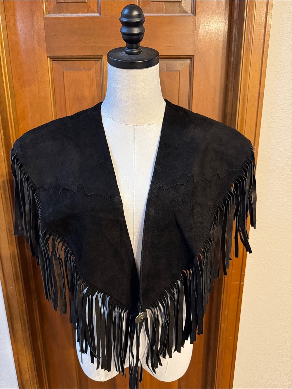 Vintage Arella Black Suede Fringe Poncho Shawl OS